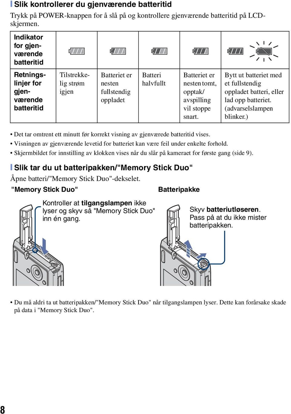 avspilling vil stoppe snart. Bytt ut batteriet med et fullstendig oppladet batteri, eller lad opp batteriet. (advarselslampen blinker.