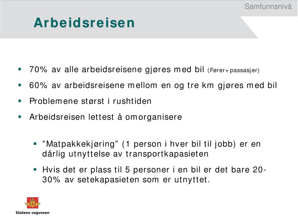 lettest å omorganisere Matpakkekjøring (1 person i hver bil til jobb) er en dårlig utnyttelse av