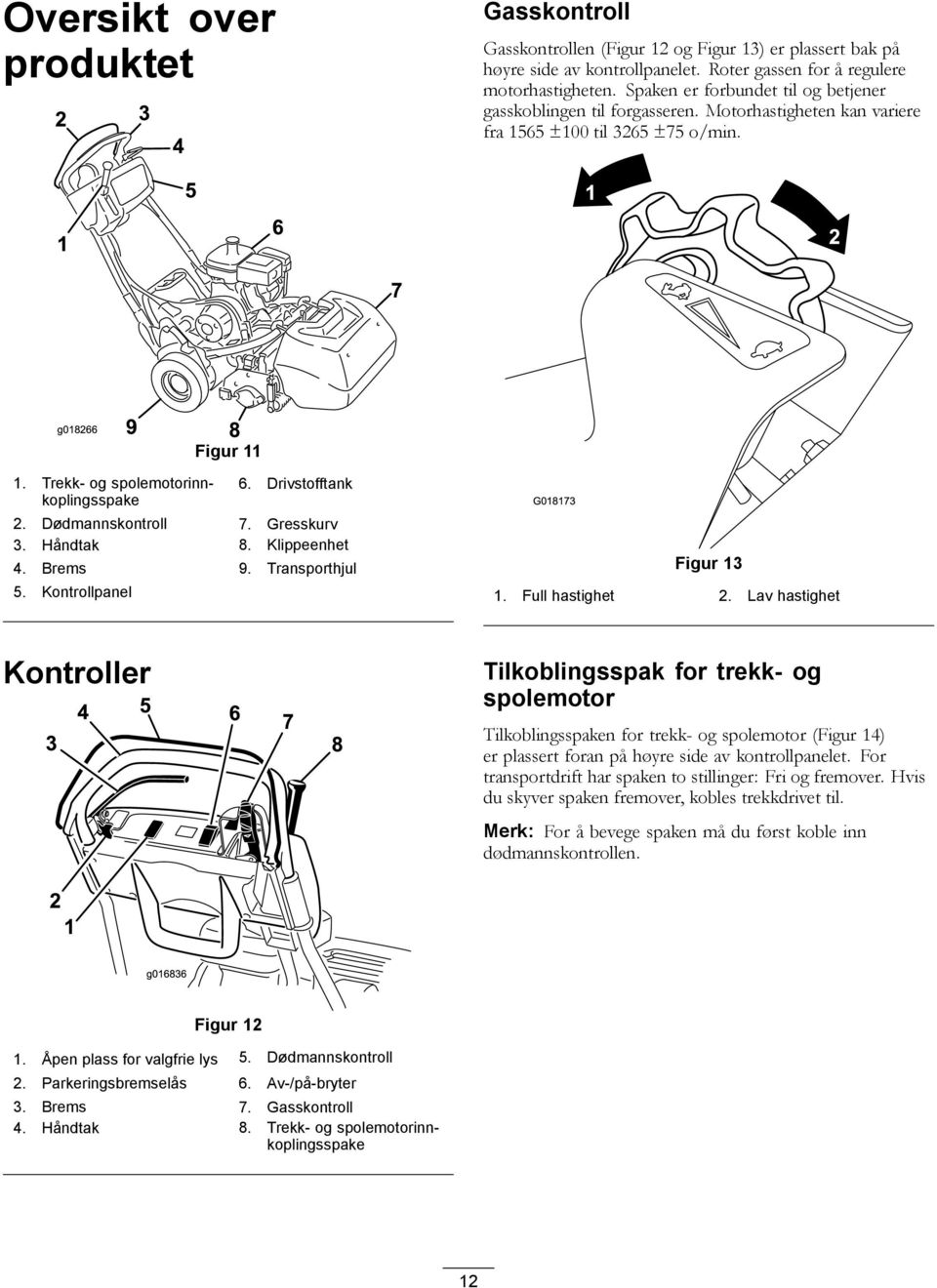 Trekk- og spolemotorinnkoplingsspake 6. Drivstofftank 2. Dødmannskontroll 7. Gresskurv 3. Håndtak 8. Klippeenhet 4. Brems 9. Transporthjul 5. Kontrollpanel G018173 Figur 13 1. Full hastighet 2.