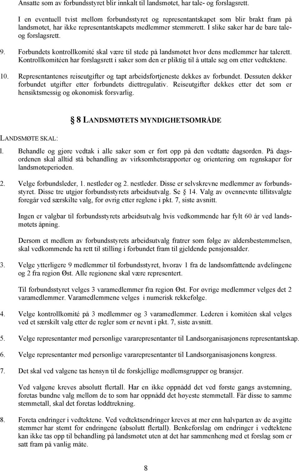 Forbundets kontrollkomité skal være til stede på landsmøtet hvor dens medlemmer har talerett. Kontrollkomitéen har forslagsrett i saker som den er pliktig til å uttale seg om etter vedtektene. 10.