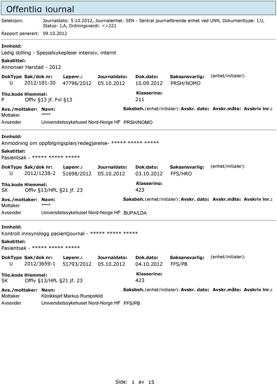 : Mottaker ***** PRSH/NOMO nnhold: Anmodning om oppfølgingsplan/redegjørelse- ***** ***** ***** 2012/1238-2 51698/2012 Avs./mottaker: Navn: Saksbeh. Avskr. dato: Avskr.måte: Avskriv lnr.