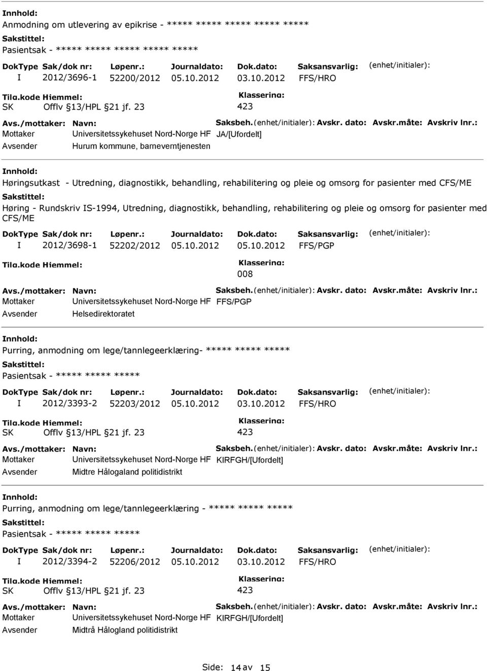 S-1994, tredning, diagnostikk, behandling, rehabilitering og pleie og omsorg for pasienter med CFS/ME 2012/3698-1 52202/2012 FFS/PGP 008 Avs./mottaker: Navn: Saksbeh. Avskr. dato: Avskr.