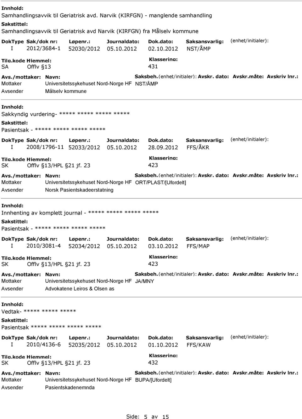 : Mottaker NST/ÅMP Målselv kommune nnhold: Sakkyndig vurdering- ***** ***** ***** ***** 2008/1796-11 52033/2012 28.09.2012 FFS/ÅKR Avs./mottaker: Navn: Saksbeh. Avskr. dato: Avskr.måte: Avskriv lnr.