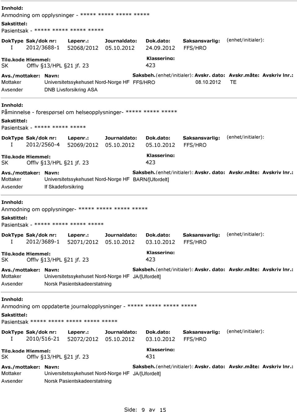 : Mottaker BARN/[fordelt] f Skadeforsikring nnhold: Anmodning om opplysninger- ***** ***** ***** ***** 2012/3689-1 52071/2012 Avs./mottaker: Navn: Saksbeh. Avskr. dato: Avskr.måte: Avskriv lnr.