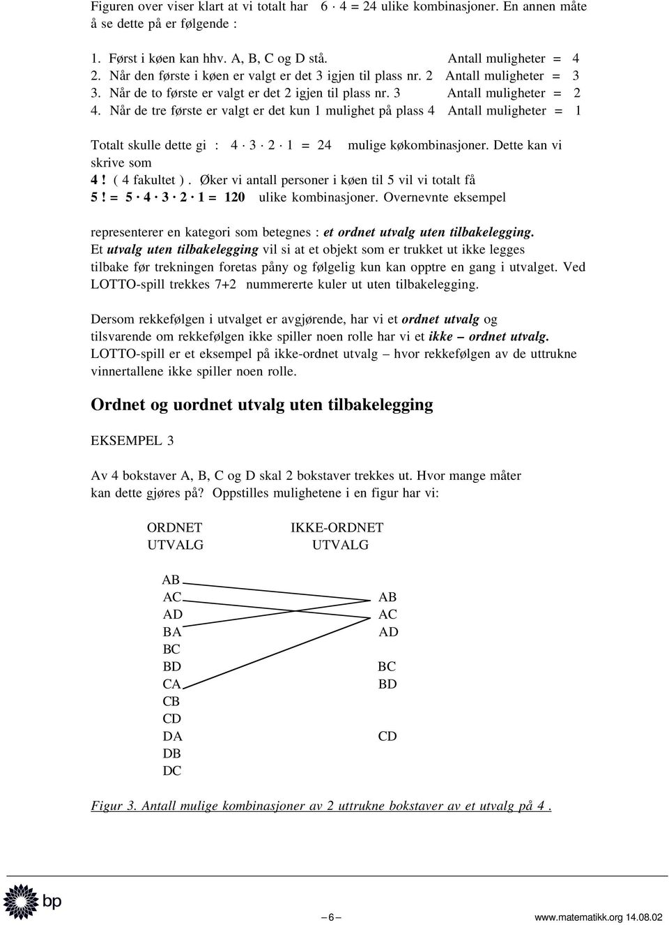 Når de tre første er valgt er det kun 1 mulighet på plass 4 Antall muligheter = 1 Totalt skulle dette gi : 4 3 2 1 = 24 mulige køkombinasjoner. Dette kan vi skrive som 4! ( 4 fakultet ).