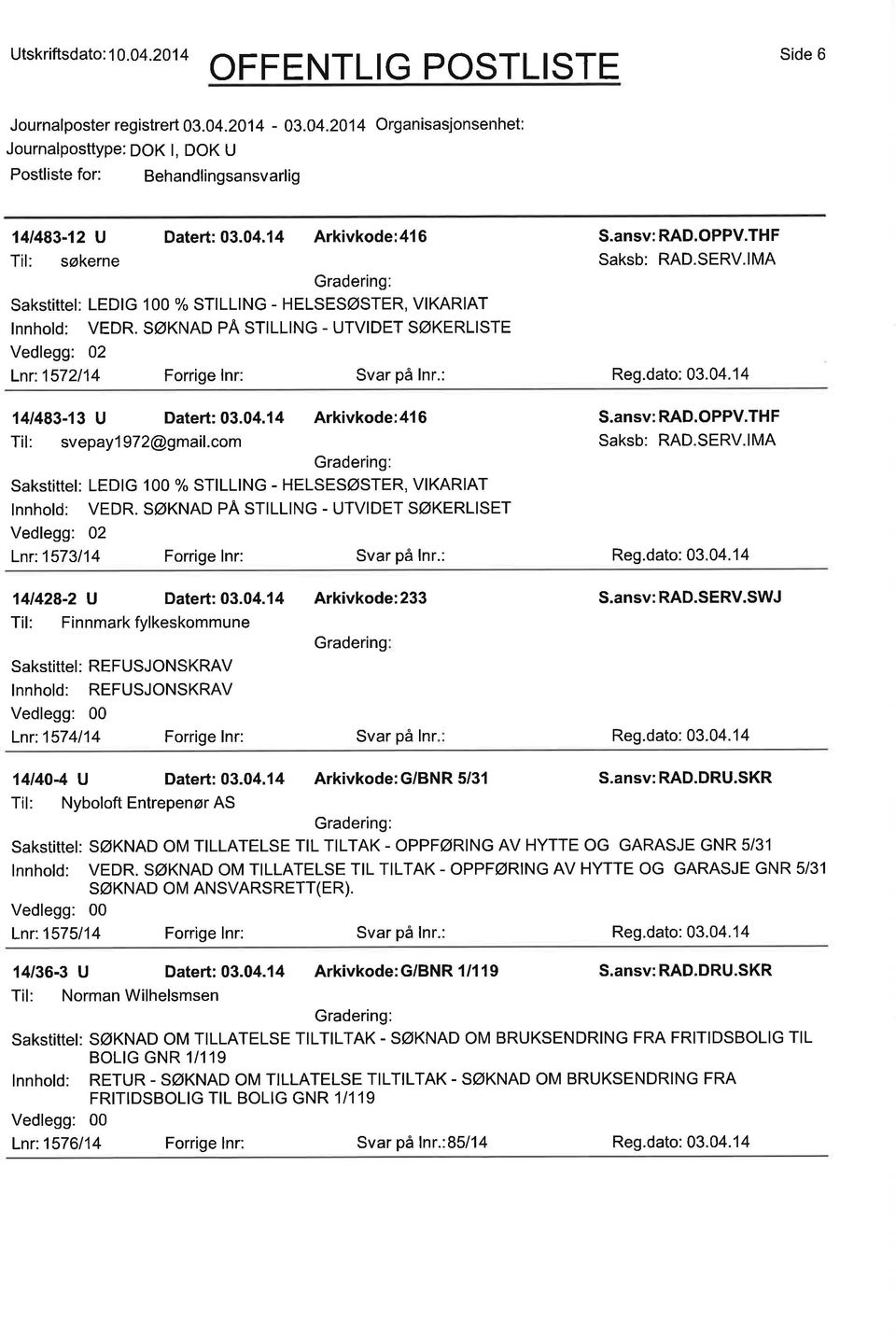 com Sakstittel: LEDIG 1O0 % STILLING - HELSESØSTER, VIKARIAT INNhOId: VEDR. SØKNAD PA STILLING - UTVIDET SØKERLISET Vedlegg: 02 Lnr:1573114 Forrige lnr: S.ansv:RAD.OPPV.THF 141428-2 U Datert:03.04.