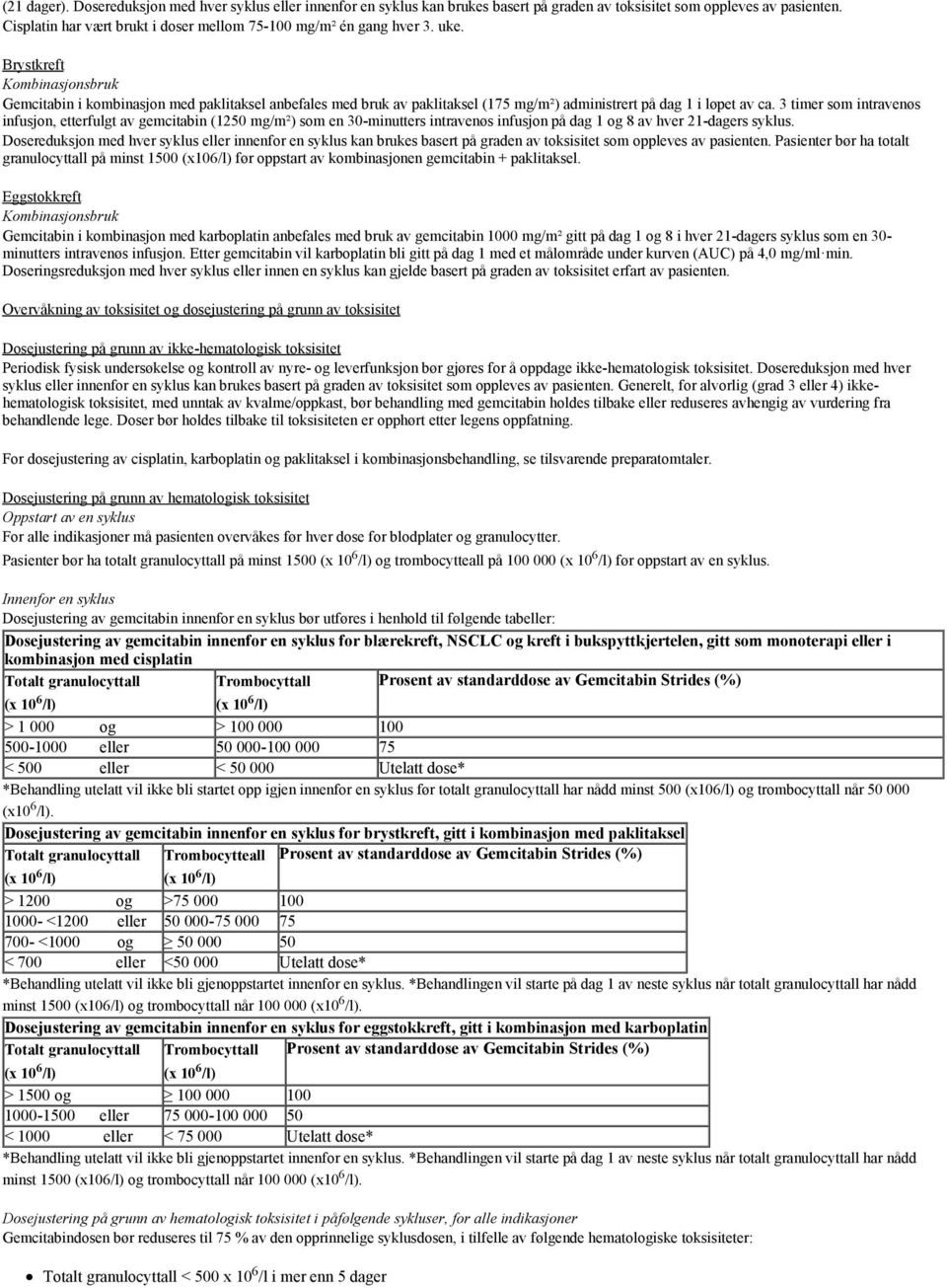 Brystkreft Kombinasjonsbruk Gemcitabin i kombinasjon med paklitaksel anbefales med bruk av paklitaksel (175 mg/m²) administrert på dag 1 i løpet av ca.