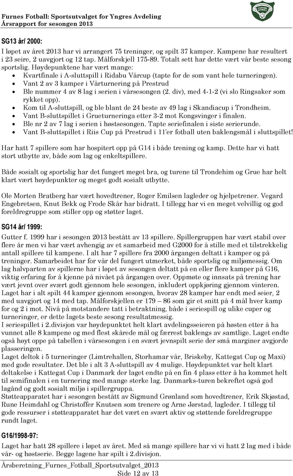 Vant 2 av 3 kamper i Vårturnering på Prestrud Ble nummer 4 av 8 lag i serien i vårsesongen (2. div), med 4-1-2 (vi slo Ringsaker som rykket opp).