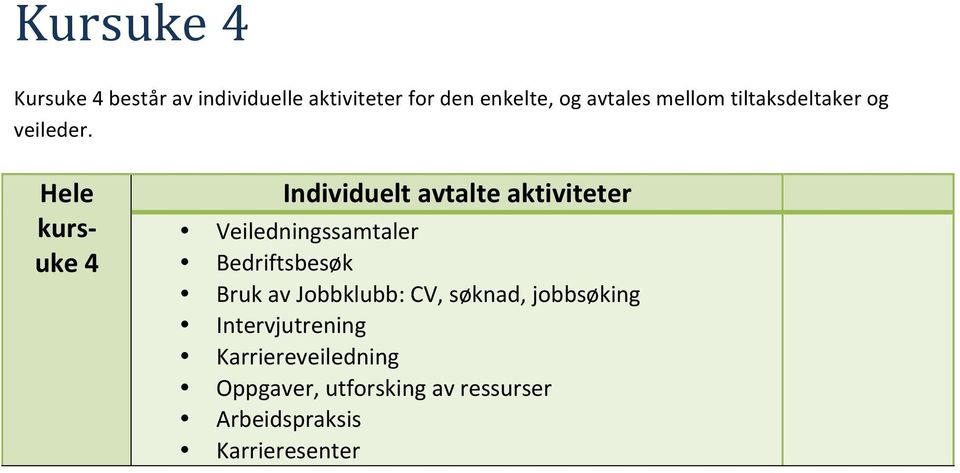 Hele kursuke 4 Individuelt avtalte aktiviteter Veiledningssamtaler Bedriftsbesøk