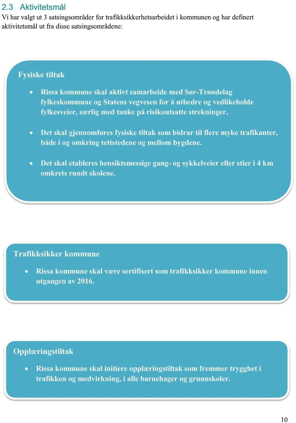 Det skal gjennomføres fysiske tiltak som bidrar til flere myke trafikanter, både i og omkring tettstedene og mellom bygdene.