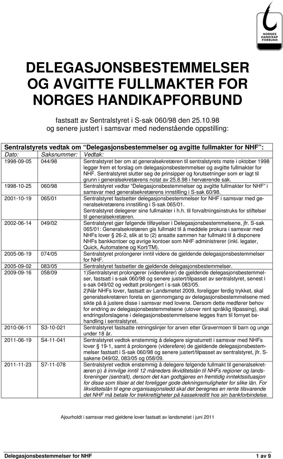 ber om at generalsekretæren til sentralstyrets møte i oktober 1998 legger frem et forslag om delegasjonsbestemmelser og avgitte fullmakter for NHF.