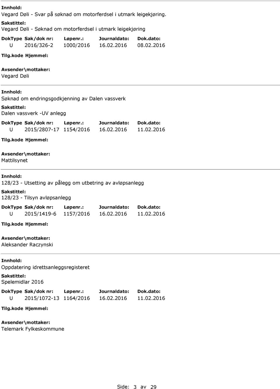 2016 Vegard Døli Søknad om endringsgodkjenning av Dalen vassverk Dalen vassverk -V anlegg 2015/2807-17 1154/2016 11.02.