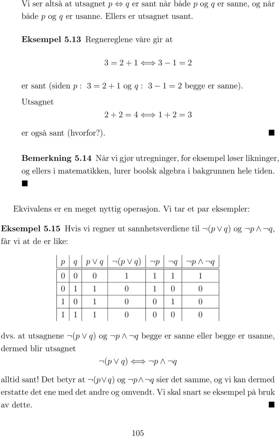 14 Når vi gjør utregninger, for eksempel løser likninger, og ellers i matematikken, lurer boolsk algebra i bakgrunnen hele tiden. Ekvivalens er en meget nyttig operasjon.