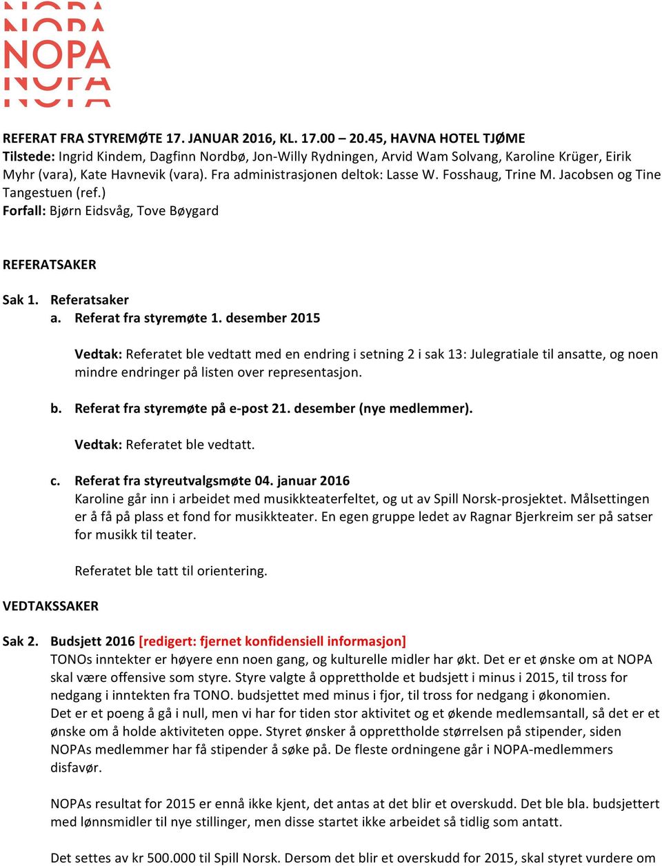 Fosshaug, Trine M. Jacobsen og Tine Tangestuen (ref.) Forfall: Bjørn Eidsvåg, Tove Bøygard REFERATSAKER Sak 1. Referatsaker a. Referat fra styremøte 1.