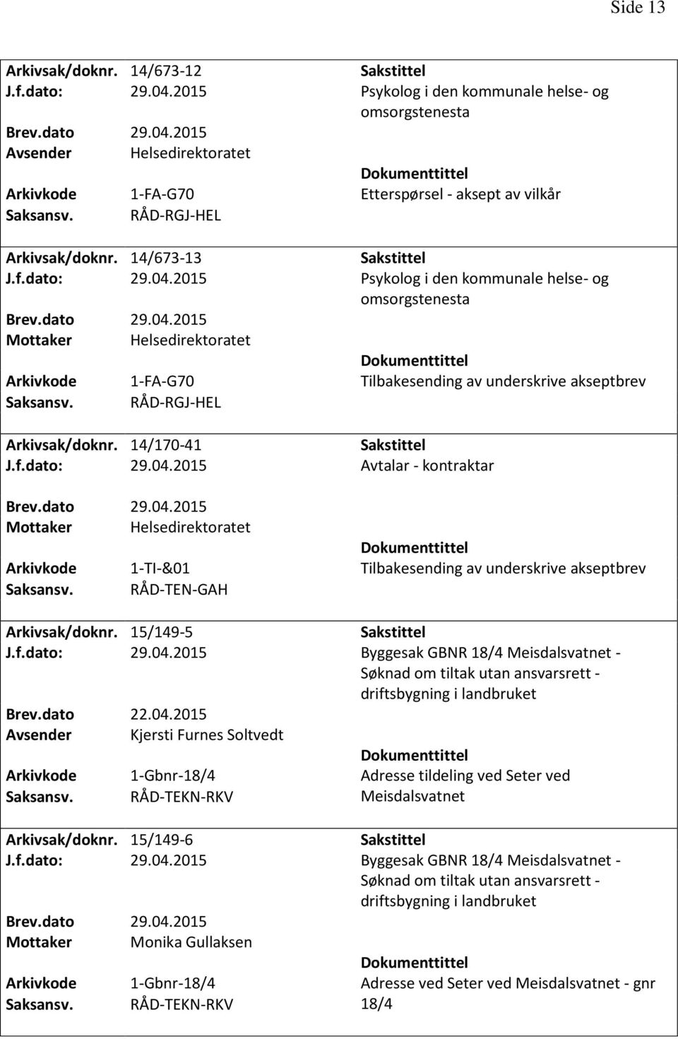 15/149-5 J.f.dato: 29.04.2015 Byggesak GBNR 18/4 Meisdalsvatnet - Søknad om tiltak utan ansvarsrett - driftsbygning i landbruket Brev.dato 22.04.2015 Avsender Kjersti Furnes Soltvedt 1-Gbnr-18/4 Adresse tildeling ved Seter ved RÅD-TEKN-RKV Meisdalsvatnet Arkivsak/doknr.