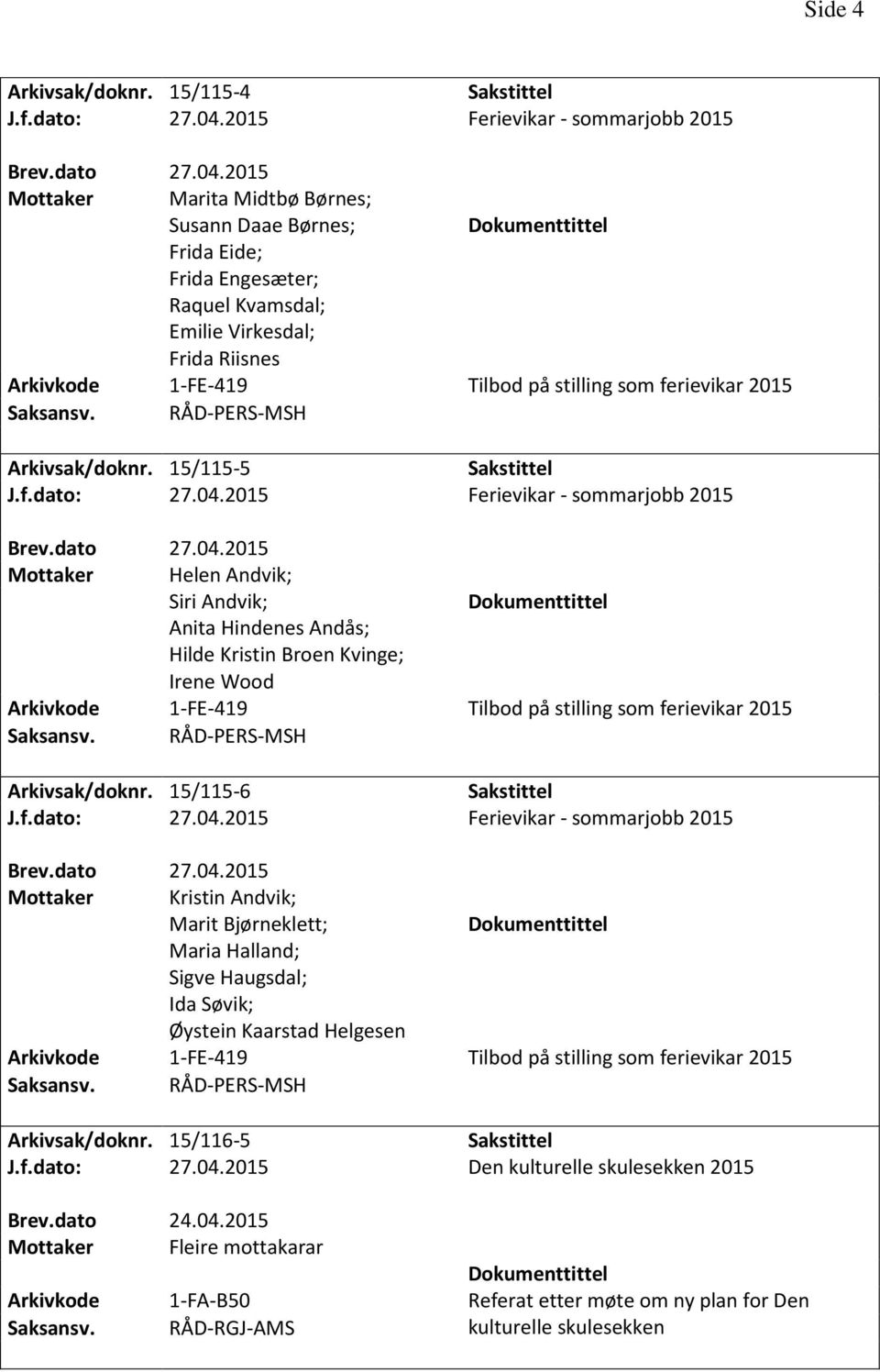 ferievikar 2015 Arkivsak/doknr. 15/115-5 J.f.dato: 27.04.