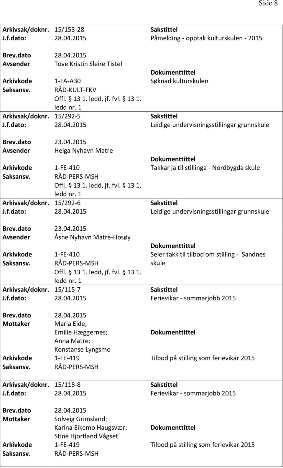 15/115-7 J.f.dato: 28.04.2015 Ferievikar - sommarjobb 2015 Mottaker Maria Eide; Emilie Hæggernes; Anna Matre; Konstanse Lyngsmo 1-FE-419 Tilbod på stilling som ferievikar 2015 Arkivsak/doknr.