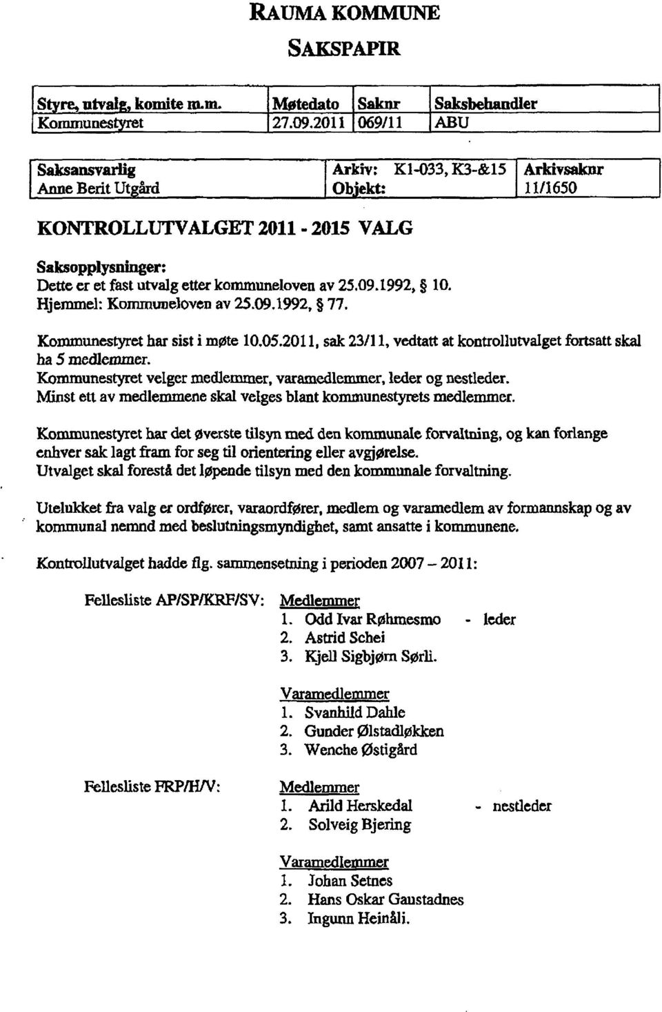 1992, 10. Hjemmel: Kommuneloven av 25.09.1992, 77. Kommunestyret har sist i møte 10.05.2011, sak 23/11, vedtatt at kontrollutvalget fortsatt skal ha 5 medlemmer.