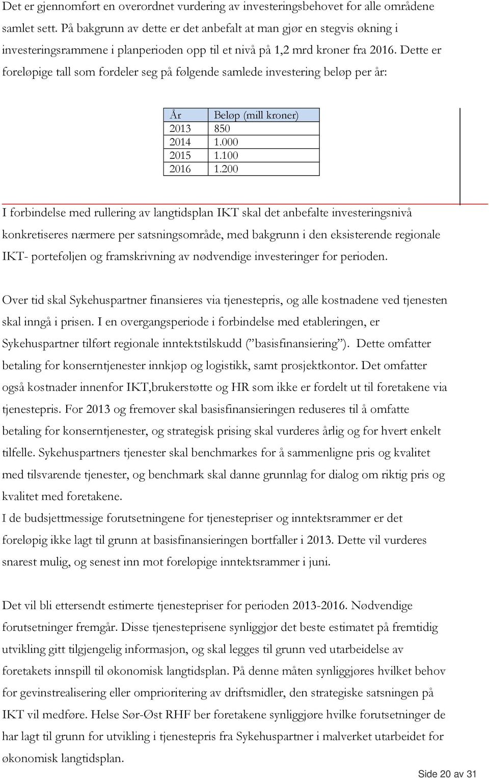 Dette er foreløpige tall som fordeler seg på følgende samlede investering beløp per år: År Beløp (mill kroner) 2013 850 2014 1.000 2015 1.100 2016 1.