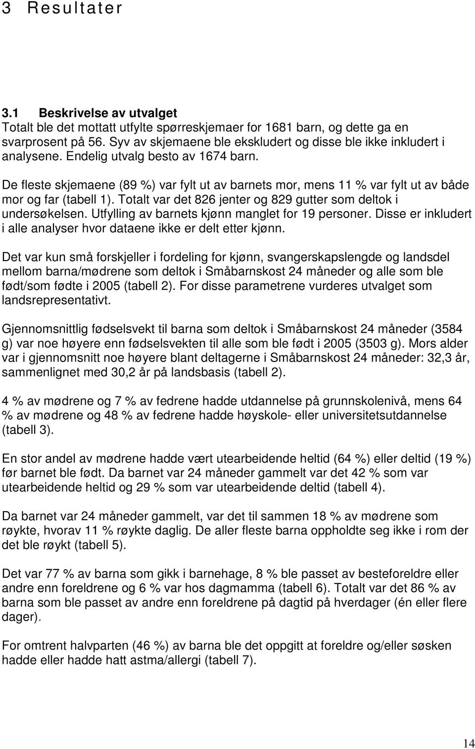 De fleste skjemaene (89 %) var fylt ut av barnets mor, mens 11 % var fylt ut av både mor og far (tabell 1). Totalt var det 826 jenter og 829 gutter som deltok i undersøkelsen.