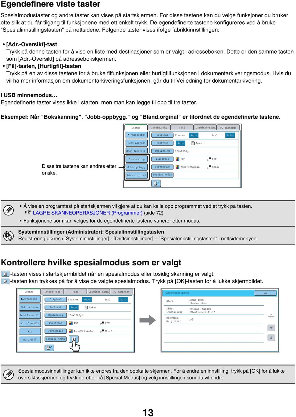 De egendefinerte tastene konfigureres ved å bruke "Spesialinnstillingstasten" på nettsidene. Følgende taster vises ifølge fabrikkinnstillingen: [Adr.