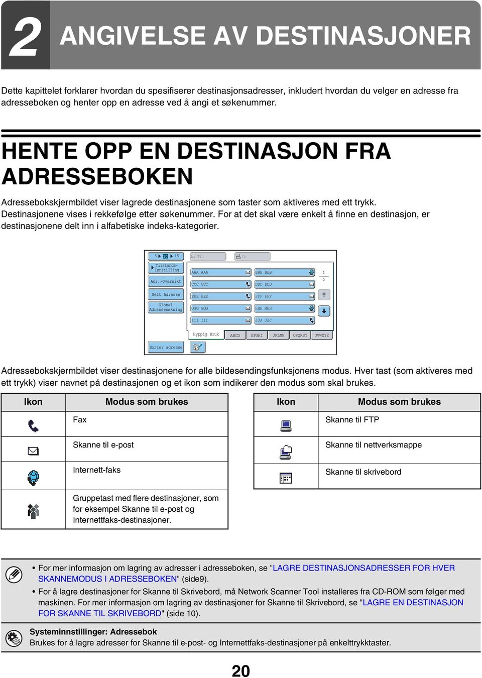 For at det skal være enkelt å finne en destinasjon, er destinasjonene delt inn i alfabetiske indeks-kategorier. 5 5 0 Til Cc Tilstands- Innstilling Adr.