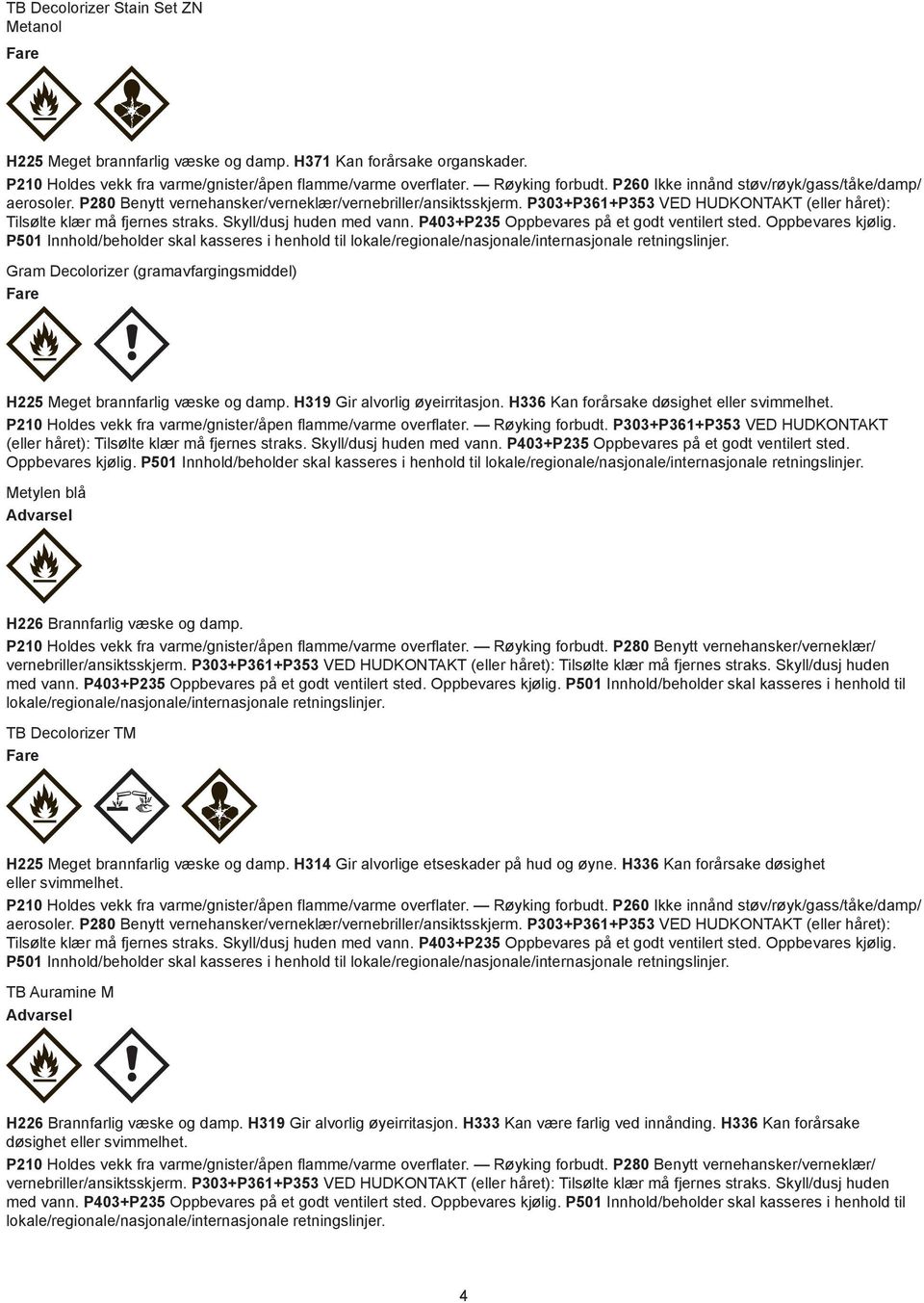 Skyll/dusj huden med vann. P403+P235 Oppbevares på et godt ventilert sted. Oppbevares kjølig. P50 Innhold/beholder skal kasseres i henhold til lokale/regionale/nasjonale/internasjonale retningslinjer.