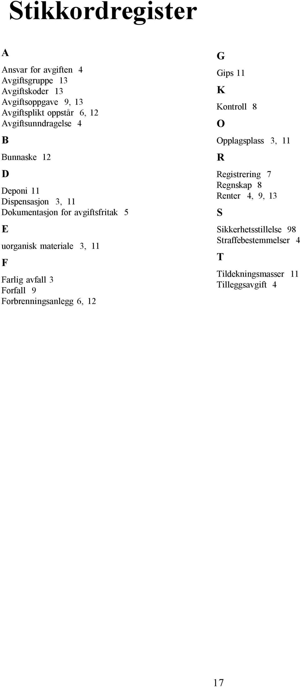 materiale 3, 11 F Farlig avfall 3 Forfall 9 Forbrenningsanlegg 6, 12 G Gips 11 K Kontroll 8 O Opplagsplass 3, 11 R