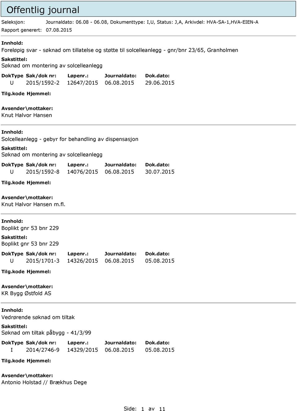 06.2015 Knut Halvor Hansen nnhold: Solcelleanlegg - gebyr for behandling av dispensasjon Søknad om montering av solcelleanlegg 2015/1592-8 14076/2015 30.07.2015 Knut Halvor Hansen m.fl.