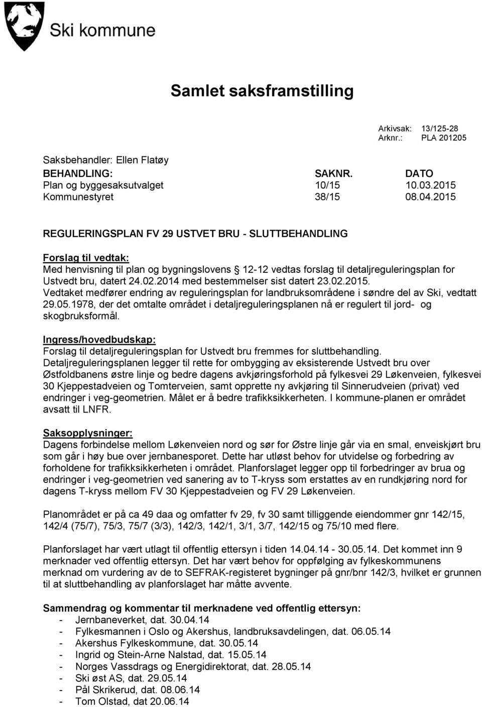 2014 med bestemmelser sist datert 23.02.2015. Vedtaket medfører endring av reguleringsplan for landbruksområdene i søndre del av Ski, vedtatt 29.05.