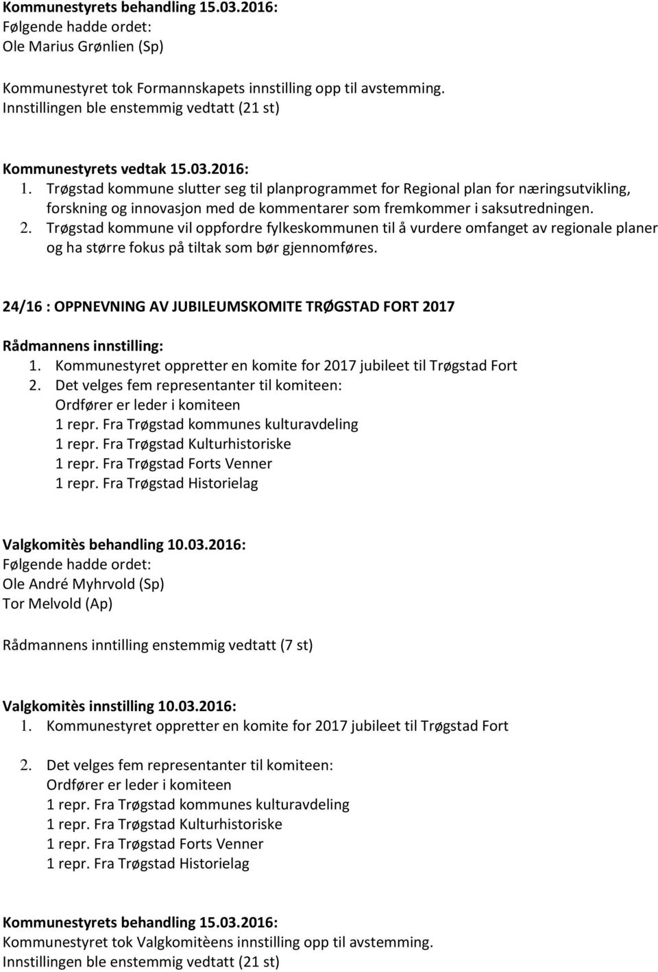 Trøgstad kommune vil oppfordre fylkeskommunen til å vurdere omfanget av regionale planer og ha større fokus på tiltak som bør gjennomføres. 24/16 : OPPNEVNING AV JUBILEUMSKOMITE TRØGSTAD FORT 2017 1.