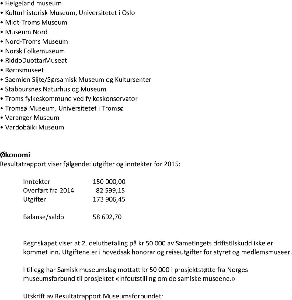 utgifter og inntekter for 2015: Inntekter 150 000,00 Overført fra 2014 82 599,15 Utgifter 173 906,45 Balanse/saldo 58 692,70 Regnskapet viser at 2.