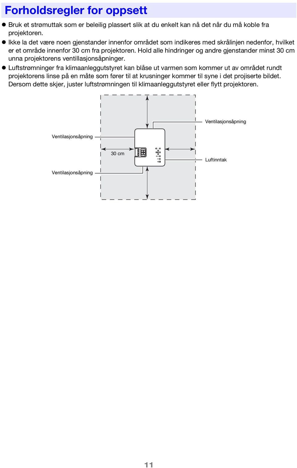 Hold alle hindringer og andre gjenstander minst 30 cm unna projektorens ventillasjonsåpninger.