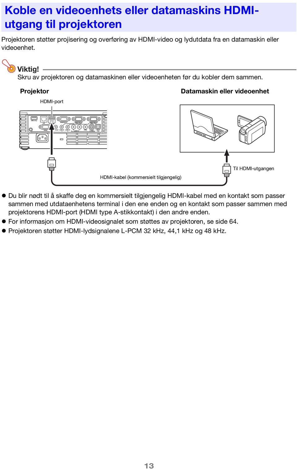 Projektor HDMI-port Datamaskin eller videoenhet HDMI-kabel (kommersielt tilgjengelig) Til HDMI-utgangen Du blir nødt til å skaffe deg en kommersielt tilgjengelig HDMI-kabel med en kontakt som