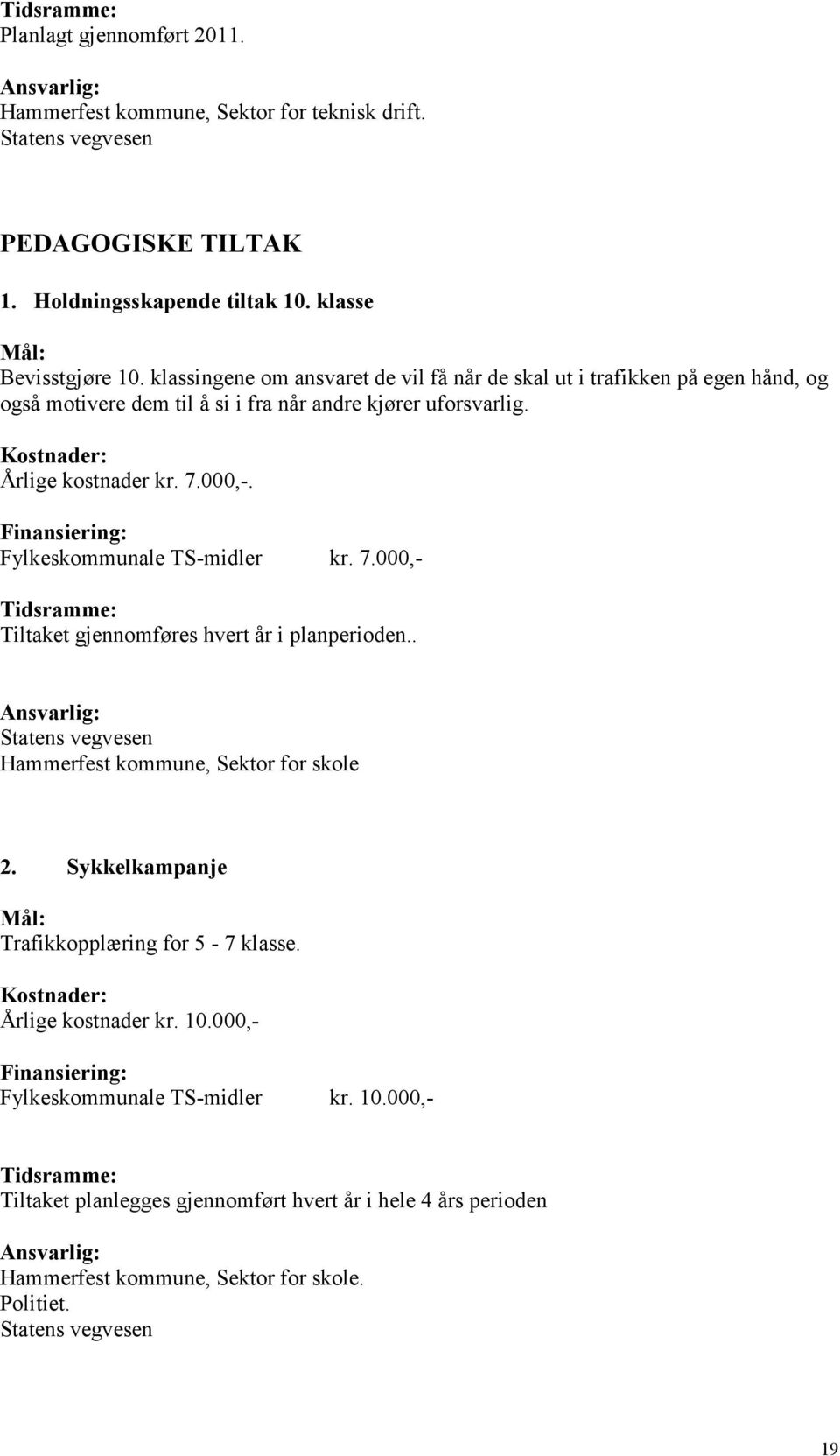 Fylkeskommunale TS-midler kr. 7.000,- Tiltaket gjennomføres hvert år i planperioden.. Ansvarlig: Hammerfest kommune, Sektor for skole 2.