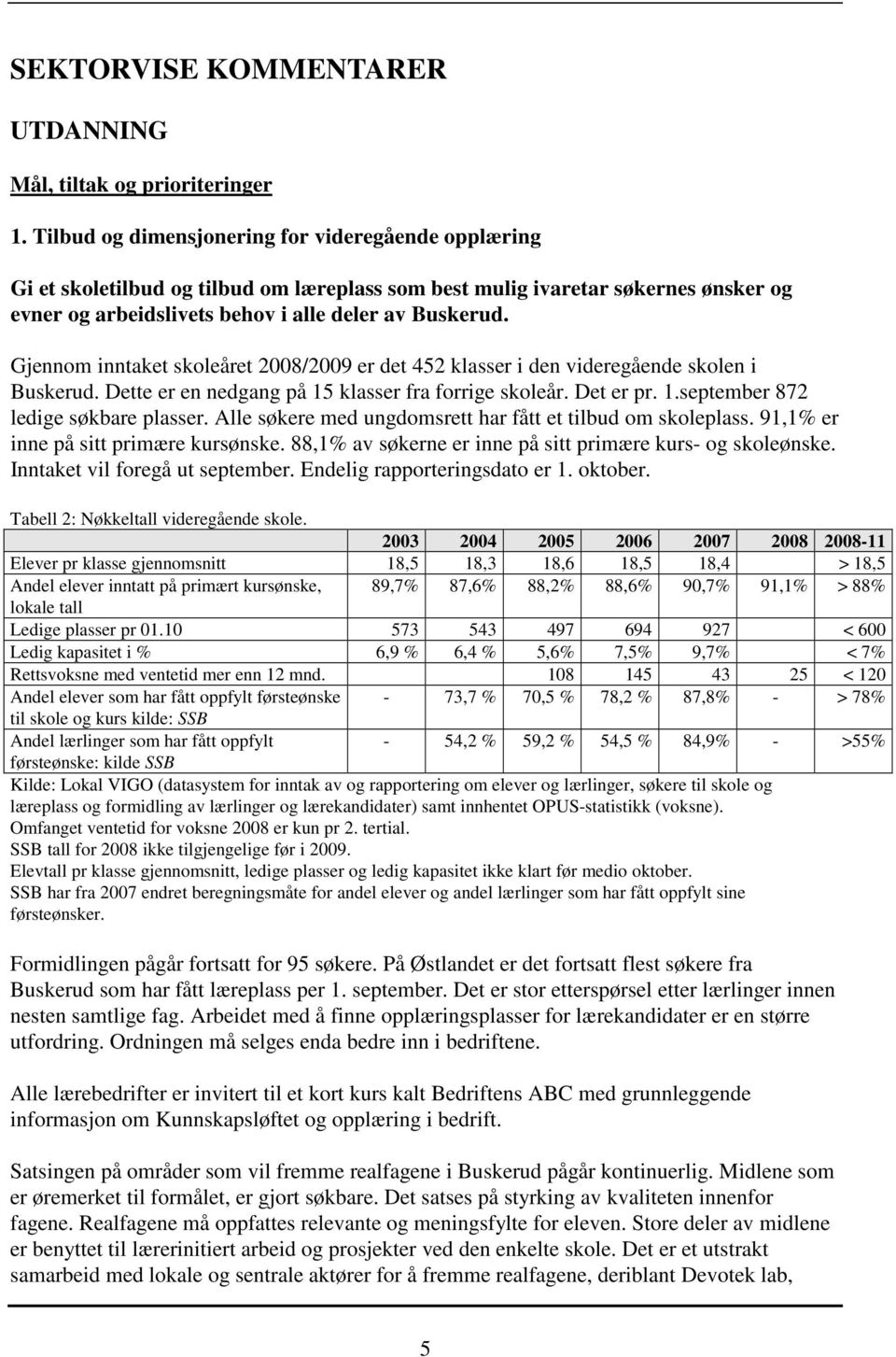 Gjennom inntaket skoleåret 2008/2009 er det 452 klasser i den videregående skolen i Buskerud. Dette er en nedgang på 15 klasser fra forrige skoleår. Det er pr. 1.september 872 ledige søkbare plasser.