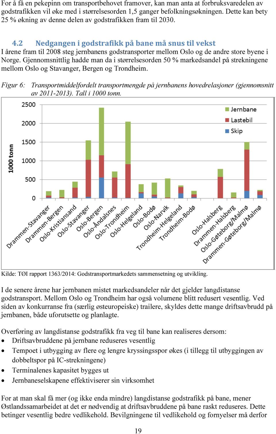 2 Nedgangen i godstrafikk på bane må snus til vekst I årene fram til 2008 steg jernbanens godstransporter mellom Oslo og de andre store byene i Norge.