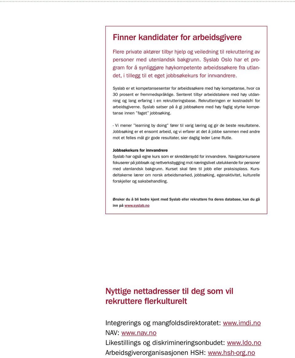 Syslab er et kompetansesenter for arbeidssøkere med høy kompetanse, hvor ca 30 prosent er fremmedspråklige. Senteret tilbyr arbeidstakere med høy utdanning og lang erfaring i en rekrutteringsbase.