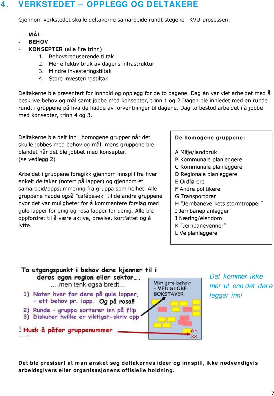 Dag én var viet arbeidet med å beskrive behov og mål samt jobbe med konsepter, trinn 1 og 2.Dagen ble innledet med en runde rundt i gruppene på hva de hadde av forventninger til dagene.