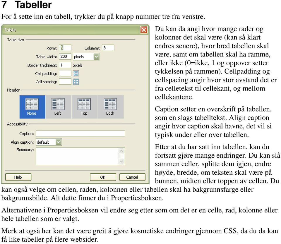 på rammen). Cellpadding og cellspacing angir hvor stor avstand det er fra celletekst til cellekant, og mellom cellekantene. Caption setter en overskrift på tabellen, som en slags tabelltekst.