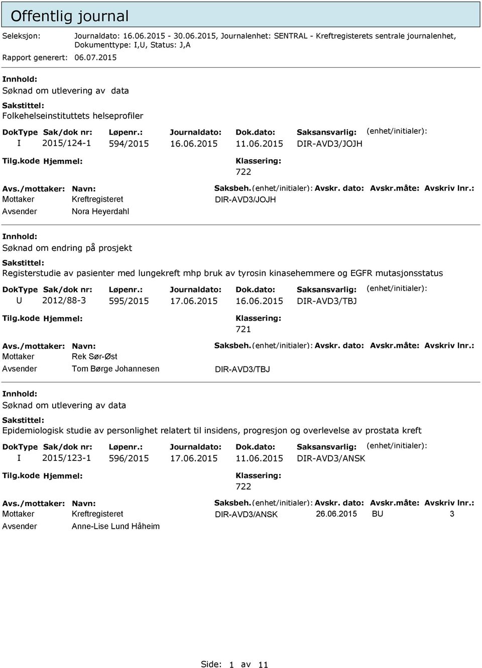 : DR-AVD3/JOJH Nora Heyerdahl Søknad om endring på prosjekt Registerstudie av pasienter med lungekreft mhp bruk av tyrosin kinasehemmere og EGFR mutasjonsstatus 2012/88-3 595/2015 DR-AVD3/TBJ Avs.