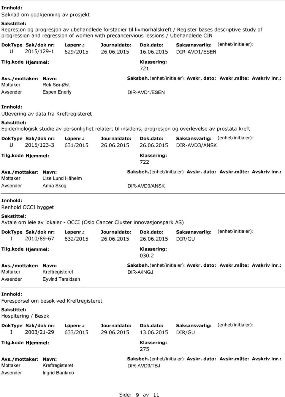 : Espen Enerly DR-AVD1/ESEN tlevering av data fra Kreftregisteret Epidemiologisk studie av personlighet relatert til insidens, progresjon og overlevelse av prostata kreft 2015/123-3 631/2015