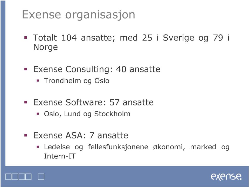 Software: 57 ansatte Oslo, Lund og Stockholm Exense ASA: 7