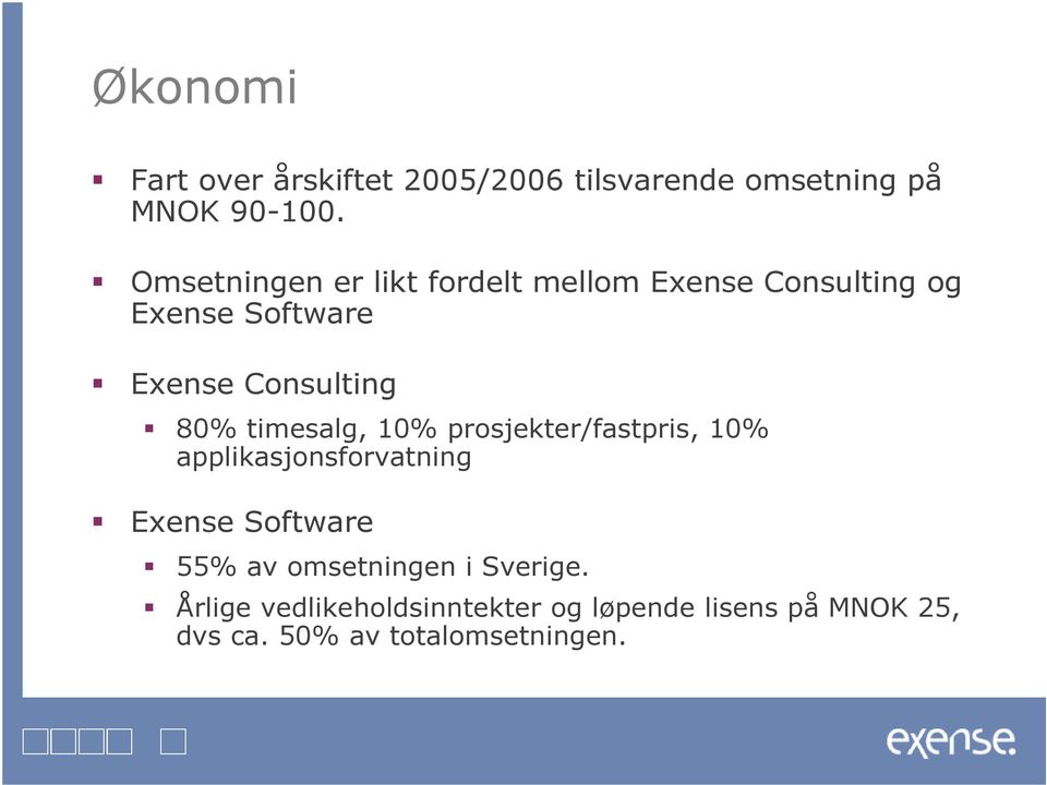 80% timesalg, 10% prosjekter/fastpris, 10% applikasjonsforvatning Exense Software 55% av