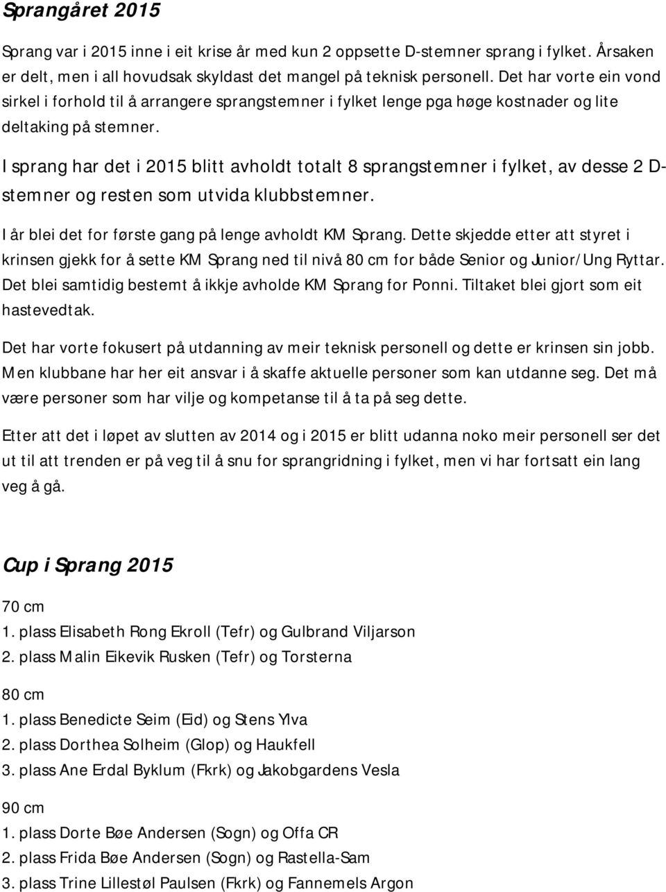 I sprang har det i 2015 blitt avholdt totalt 8 sprangstemner i fylket, av desse 2 D- stemner og resten som utvida klubbstemner. I år blei det for første gang på lenge avholdt KM Sprang.