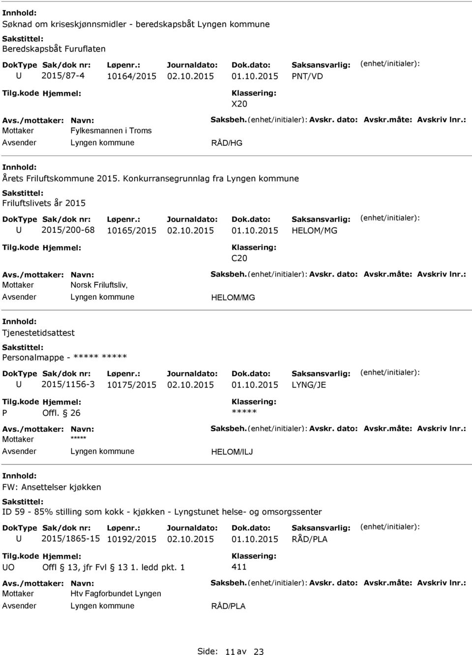 måte: Avskriv lnr.: Norsk Friluftsliv, HELOM/MG Tjenestetidsattest ersonalmappe - 2015/1156-3 10175/2015 LYNG/JE Avs./mottaker: Navn: Saksbeh. Avskr. dato: Avskr.måte: Avskriv lnr.: HELOM/LJ FW: Ansettelser kjøkken D 59-85% stilling som kokk - kjøkken - Lyngstunet helse- og omsorgssenter 2015/1865-15 10192/2015 O 411 Avs.