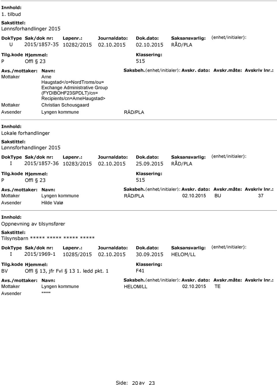 Lønnsforhandlinger 2015 2015/1857-36 10283/2015 25.09.2015 Offl 23 515 Avs./mottaker: Navn: Saksbeh. Avskr. dato: Avskr.måte: Avskriv lnr.