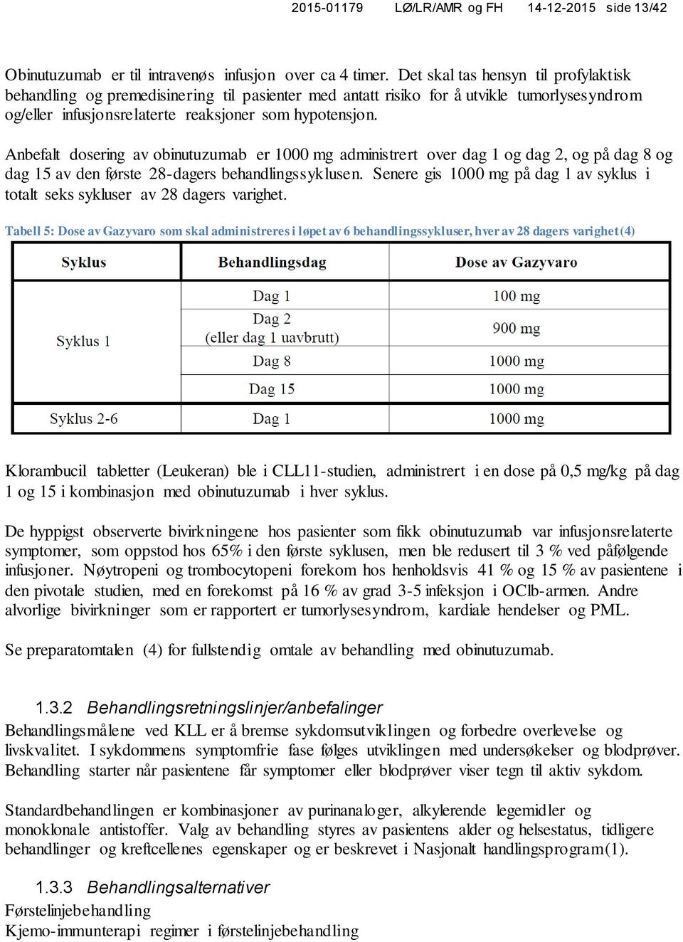 Anbefalt dosering av obinutuzumab er 1000 mg administrert over dag 1 og dag 2, og på dag 8 og dag 15 av den første 28-dagers behandlingssyklusen.