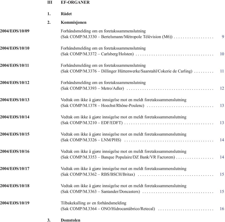 foretakssammenslutning (Sak COMP/M.3330 Bertelsmann/Métropole Télévision (M6)).................. 9 Forhåndsmelding om en foretakssammenslutning (Sak COMP/M.3372 Carlsberg/Holsten).