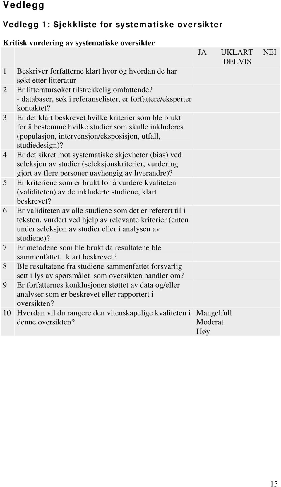 3 Er det klart beskrevet hvilke kriterier som ble brukt for å bestemme hvilke studier som skulle inkluderes (populasjon, intervensjon/eksposisjon, utfall, studiedesign)?